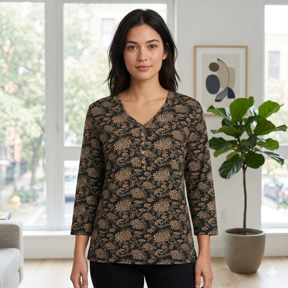 Orvis Size Large Black & Tan Floral Print 3/4 Sleeve Henley Blouse Top EUC